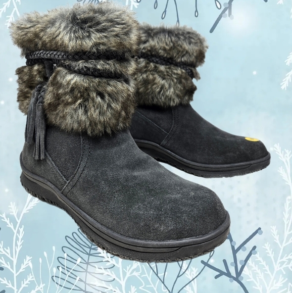 Minnetonka Womens Everett Boots Sz 7 Charcoal Suede Faux Fur Braided Suede Tie - Picture 1 of 14